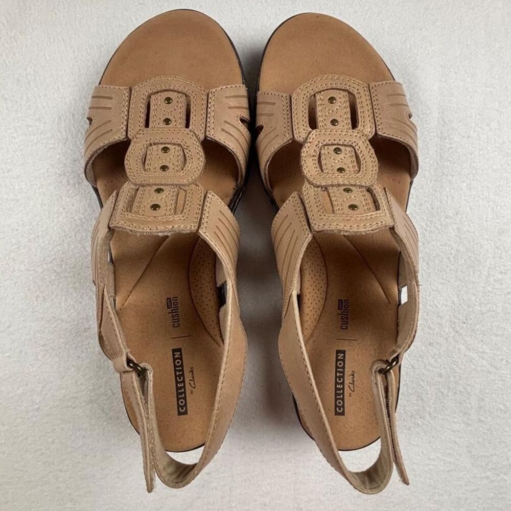 Clarks Collection Tan Leather Comfort Sandals Women’s 8.5 Cushion Soft Slingback